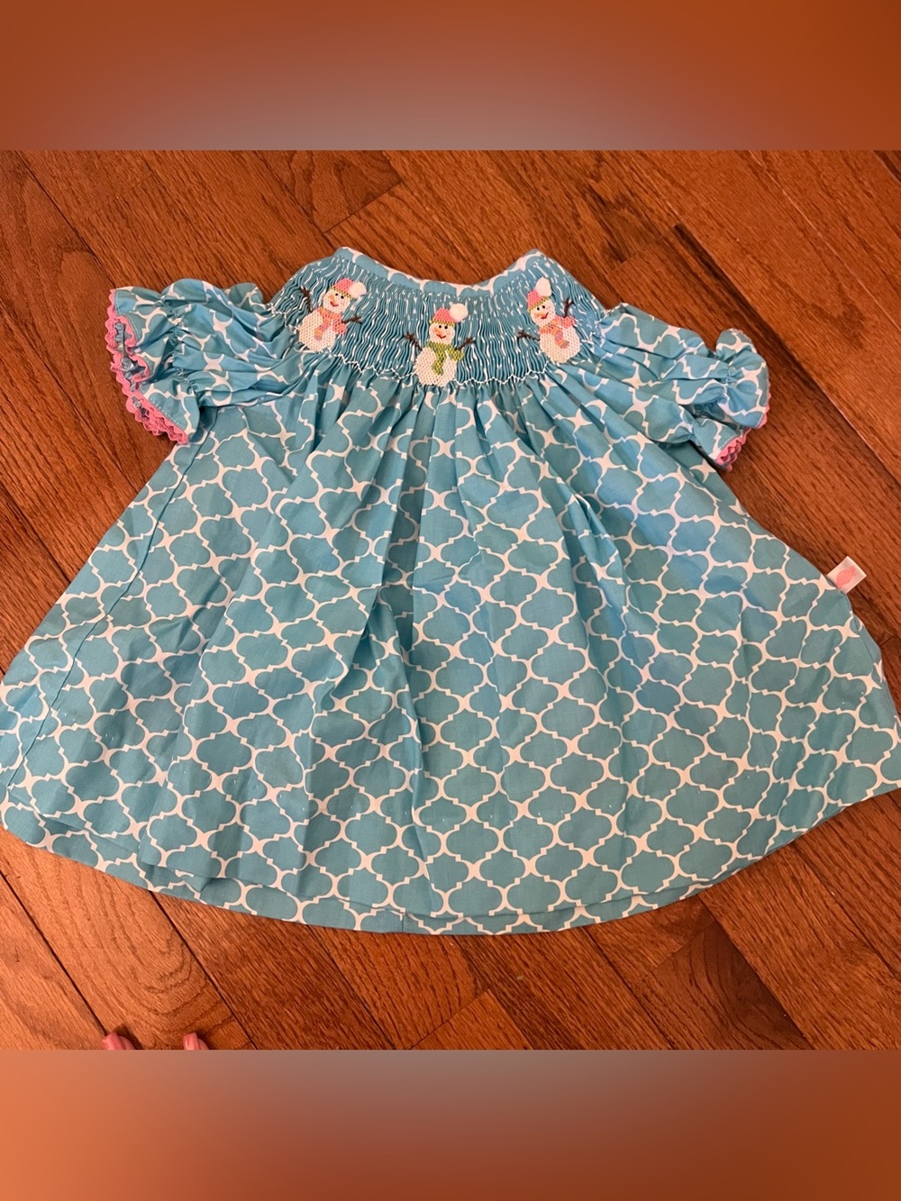 Smocked Snowman Dress lolly Wolly doodle blue 3 months Christmas holiday